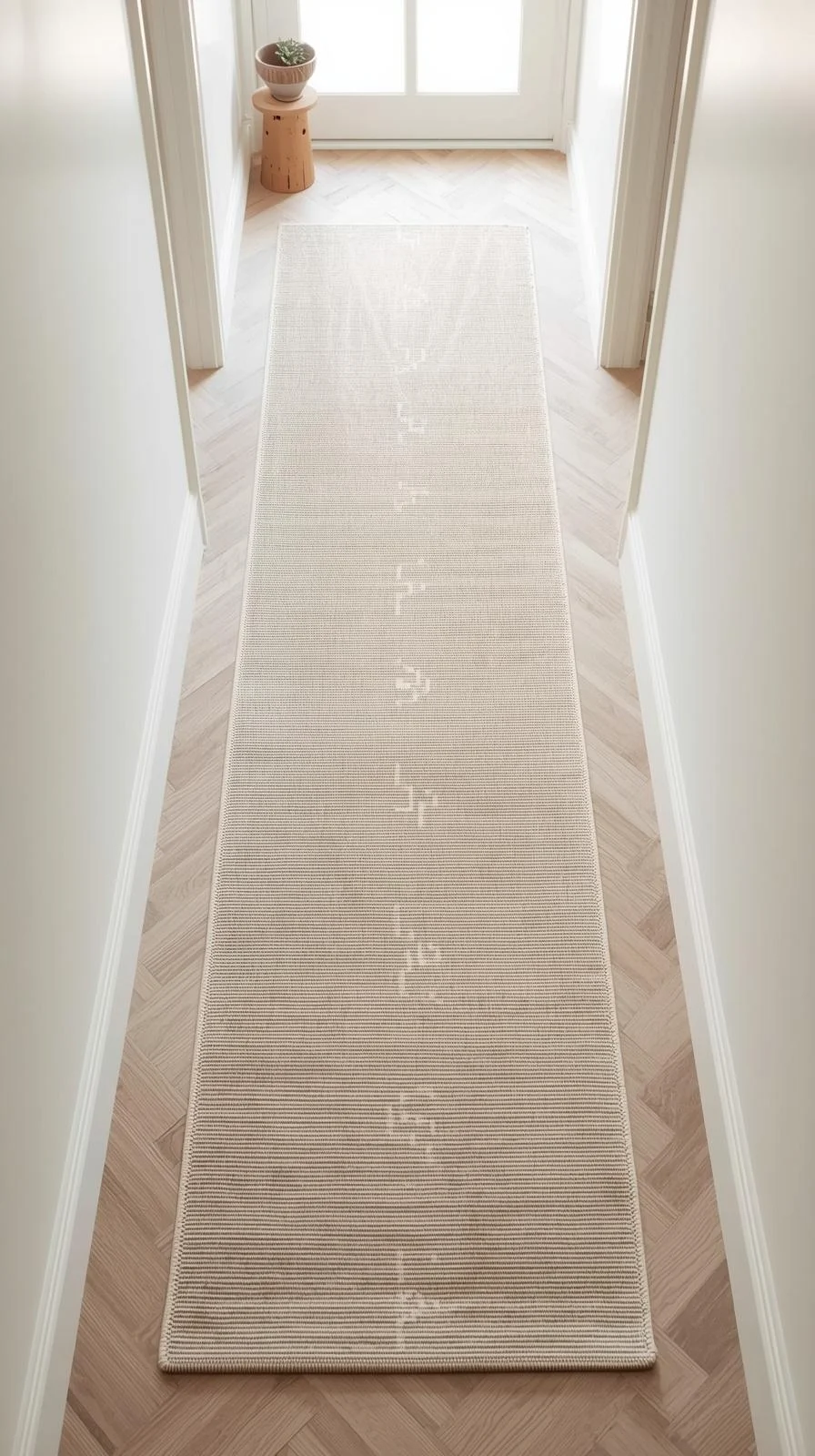 Un long tapis de couloir étroit (runner) de couleur beige clair avec des motifs géométriques discrets, posé sur un parquet en chevrons dans une entrée lumineuse.