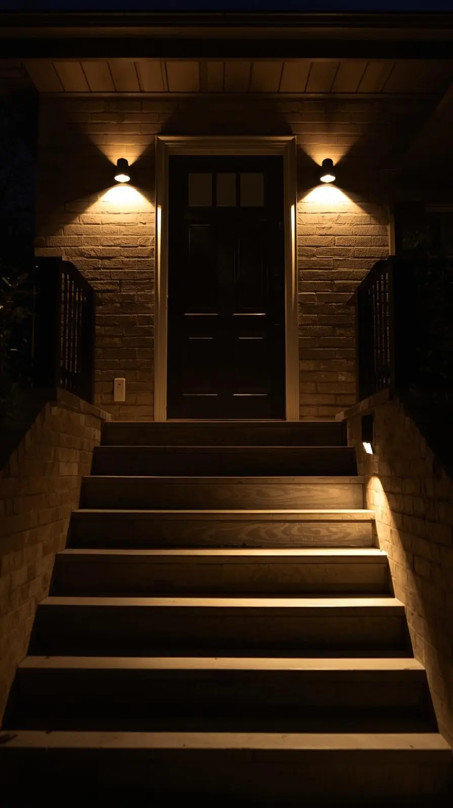 Une entrée de maison la nuit, avec un escalier en bois éclairé par deux appliques murales modernes de chaque côté de la porte, projetant la lumière vers le haut et le bas.