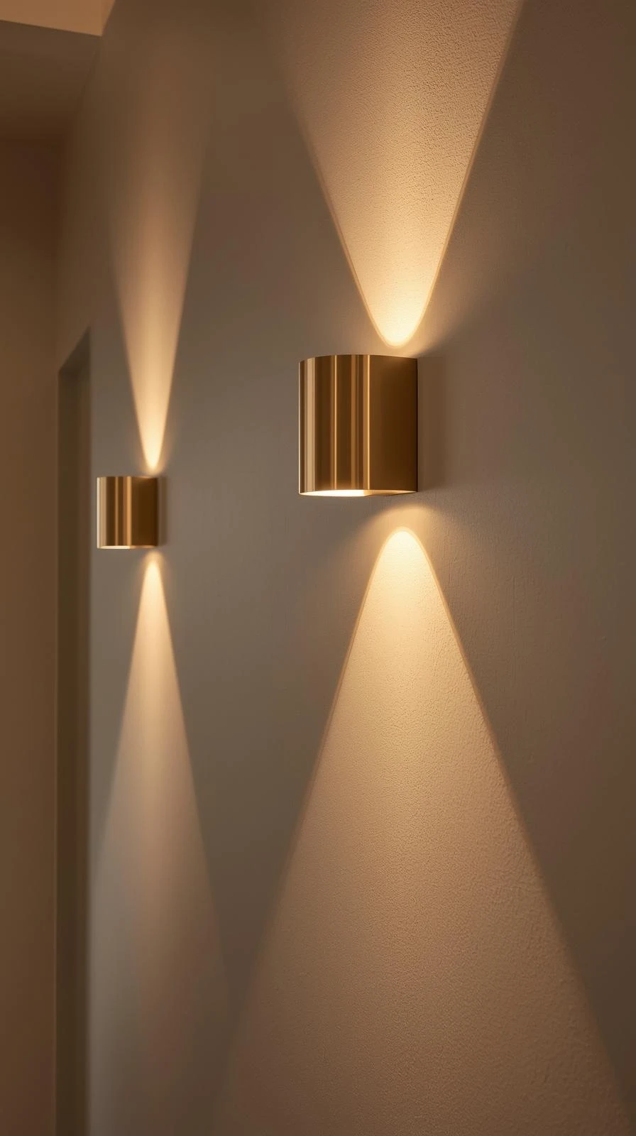 Deux appliques murales cylindriques en laiton brossé, projetant une lumière chaude (haut et bas) sur le mur d'un couloir, créant un rythme visuel.