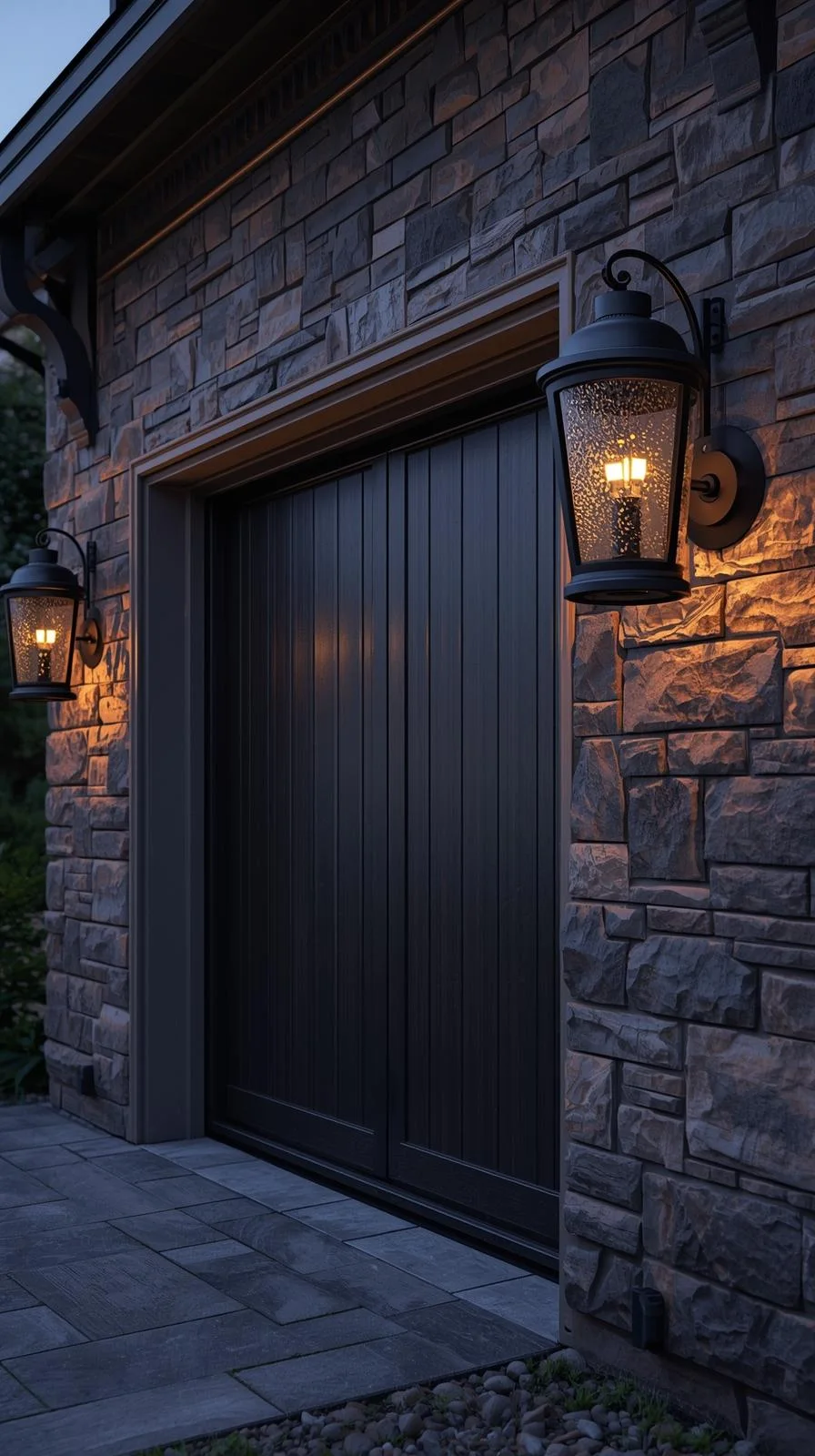 Deux appliques murales modernes de style lanterne, en métal noir, illuminant une entrée de garage avec un mur en pierre et une porte sombre, la nuit.