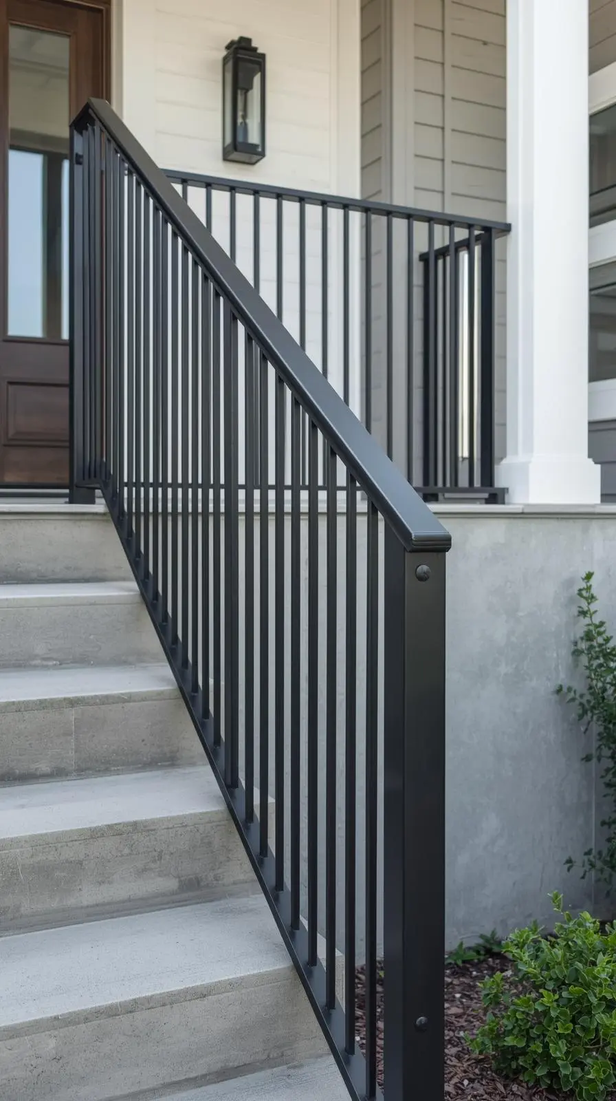 Un escalier d'entrée en béton avec une balustrade moderne en métal noir mat, aux lignes verticales épurées.