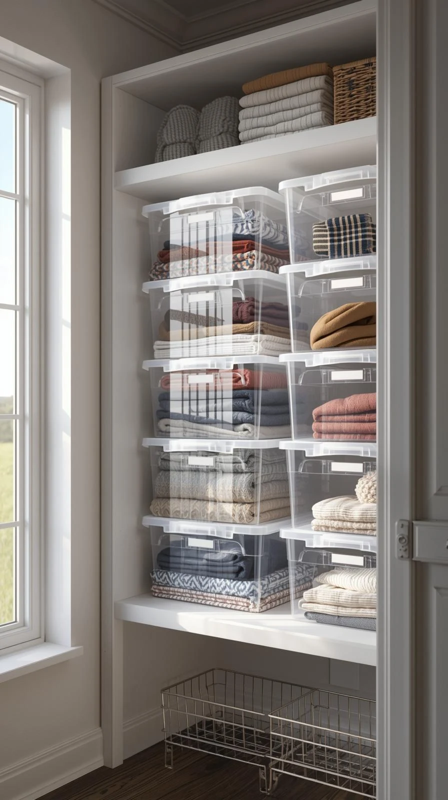 Étagère de placard blanche remplie de boîtes de rangement en plastique transparentes et empilables, contenant des vêtements d'hiver pliés.