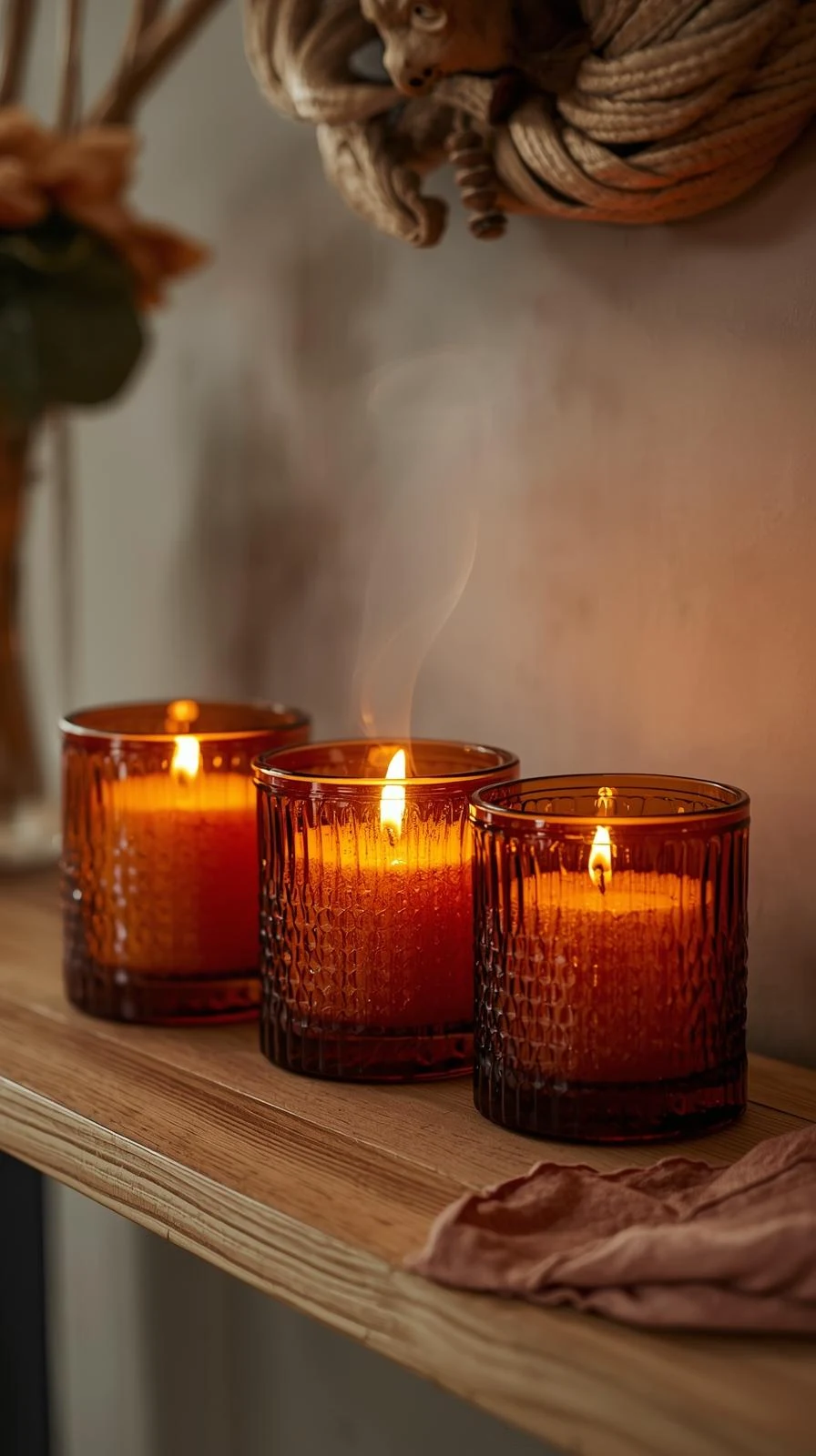 Trois bougies parfumées allumées dans des photophores en verre ambré, posées sur une console en bois, créant une ambiance cosy pour un decor entree de maison.