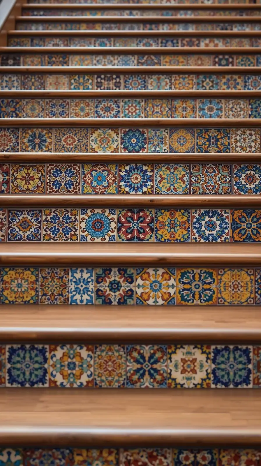 Marches d'escalier en bois avec des contremarches décorées de divers carreaux de ciment à motifs colorés et méditerranéens.