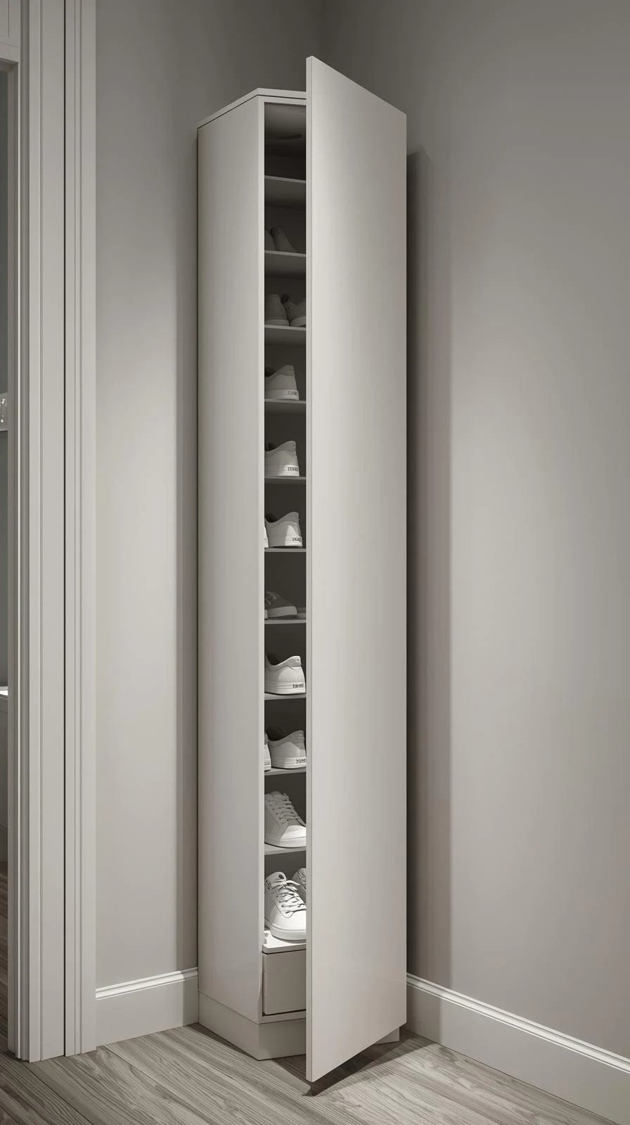 Une armoire à chaussures haute et très étroite, de couleur blanche, avec la porte ouverte révélant plusieurs paires de baskets rangées verticalement.