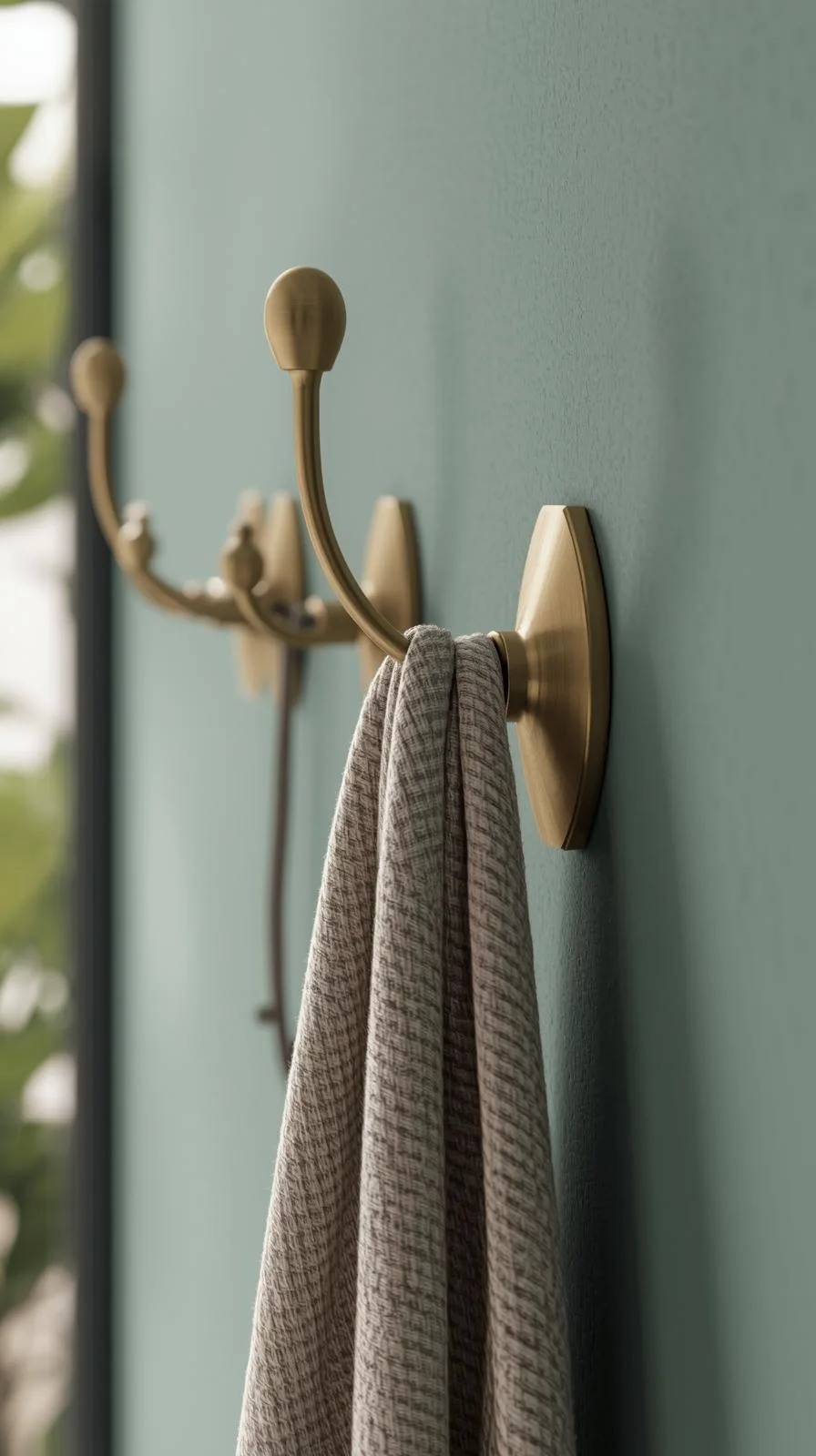 Gros plan sur des crochets décoratifs muraux en laiton brossé, fixés sur un mur vert, alliant fonctionnalité et design pour un decor entree de maison.