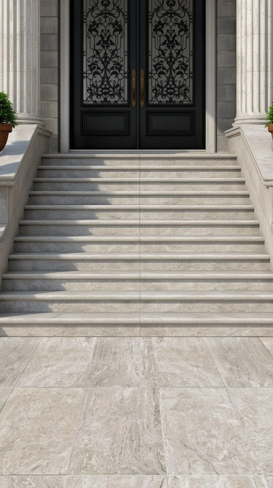 Un large et majestueux escalier d'entrée en pierre reconstituée claire, avec des marches au bord arrondi, menant à une double porte noire ouvragée.