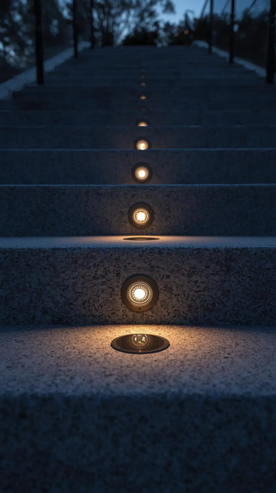 Escalier extérieur la nuit, vu d'en bas, éclairé par de petits spots LED ronds et solaires encastrés au centre de chaque contremarche.