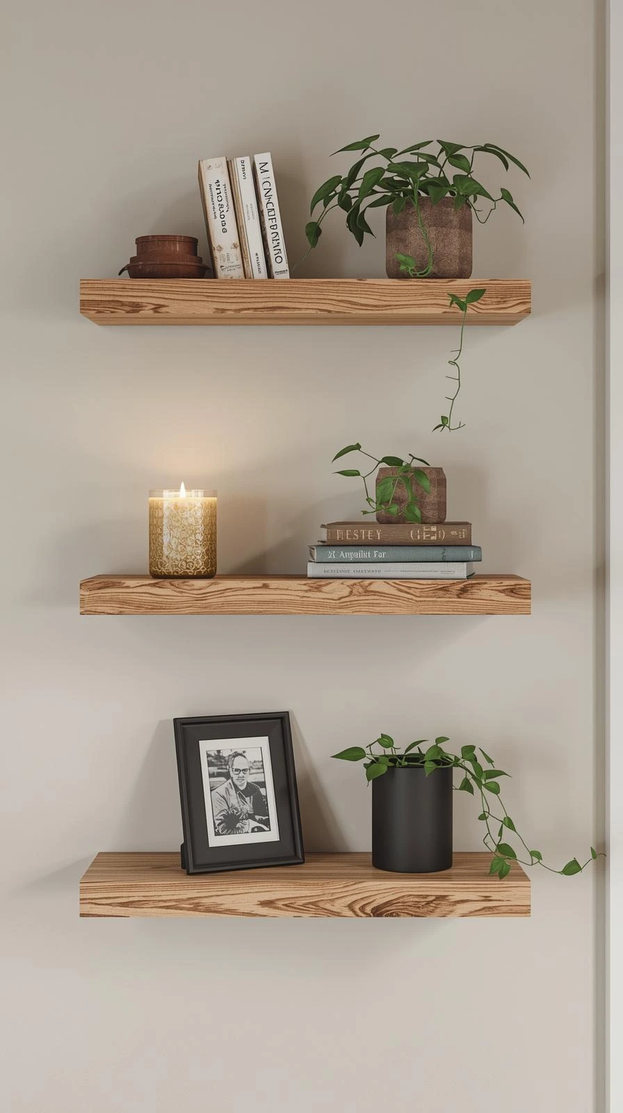 Trois étagères flottantes en bois clair fixées sur un mur, décorées de livres, plantes et cadres, pour un decor entree de maison personnalisé.