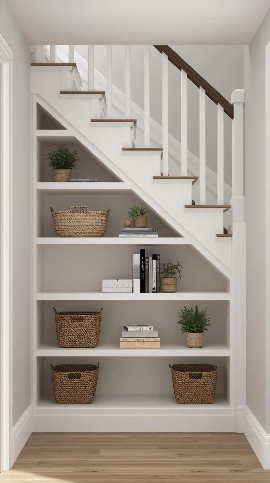 Des étagères ouvertes blanches installées sur mesure sous un escalier, décorées de paniers, de livres et de plantes.