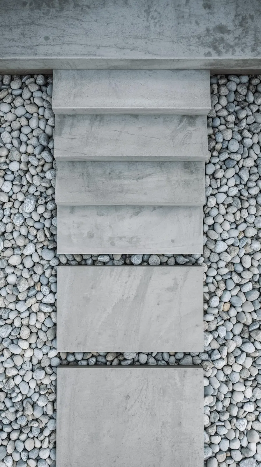 Vue plongeante de marches modernes en béton épuré, entourées de galets décoratifs blancs et gris.