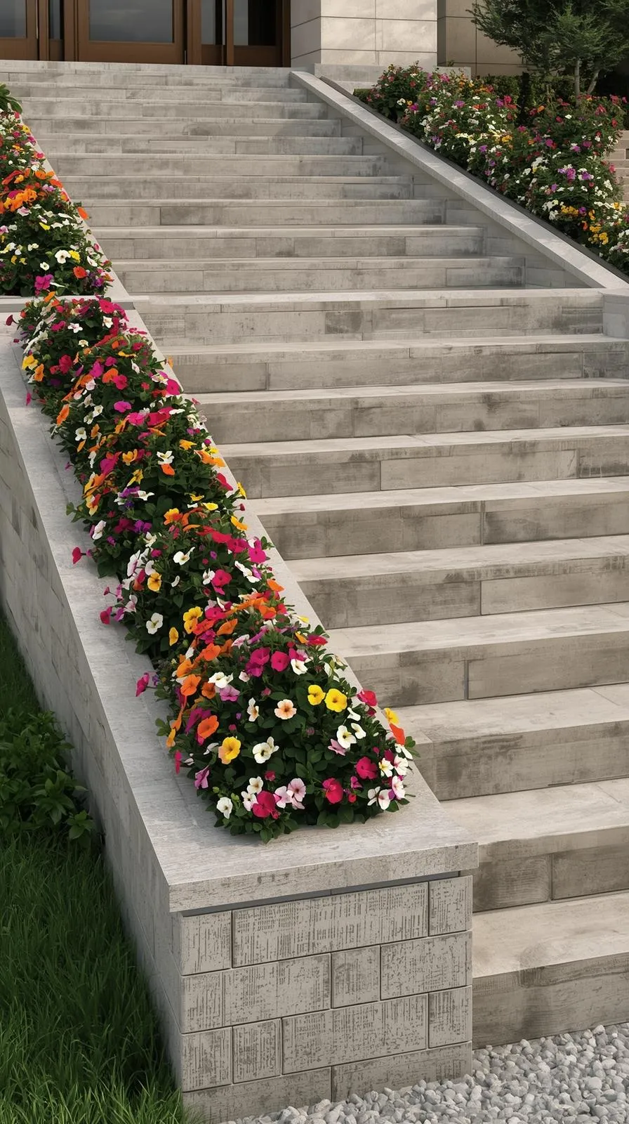 Un large escalier extérieur en béton clair avec des jardinières intégrées le long de la rampe, remplies de fleurs colorées (roses, jaunes, blanches).