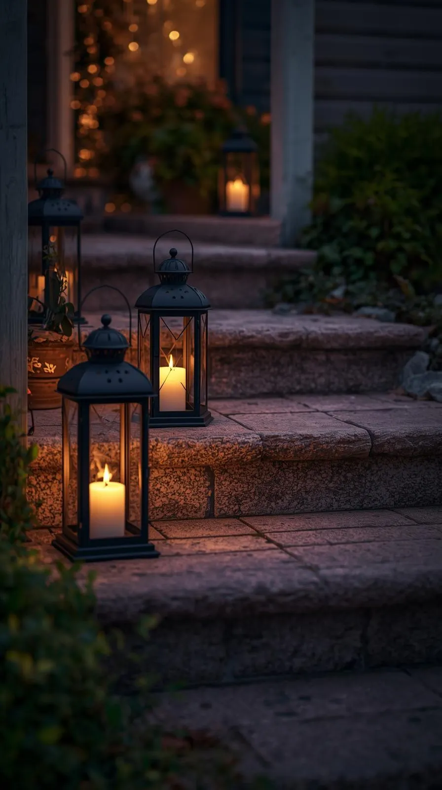 Des marches d'escalier en pierre à la tombée de la nuit, éclairées par plusieurs grandes lanternes en métal noir contenant des bougies allumées.