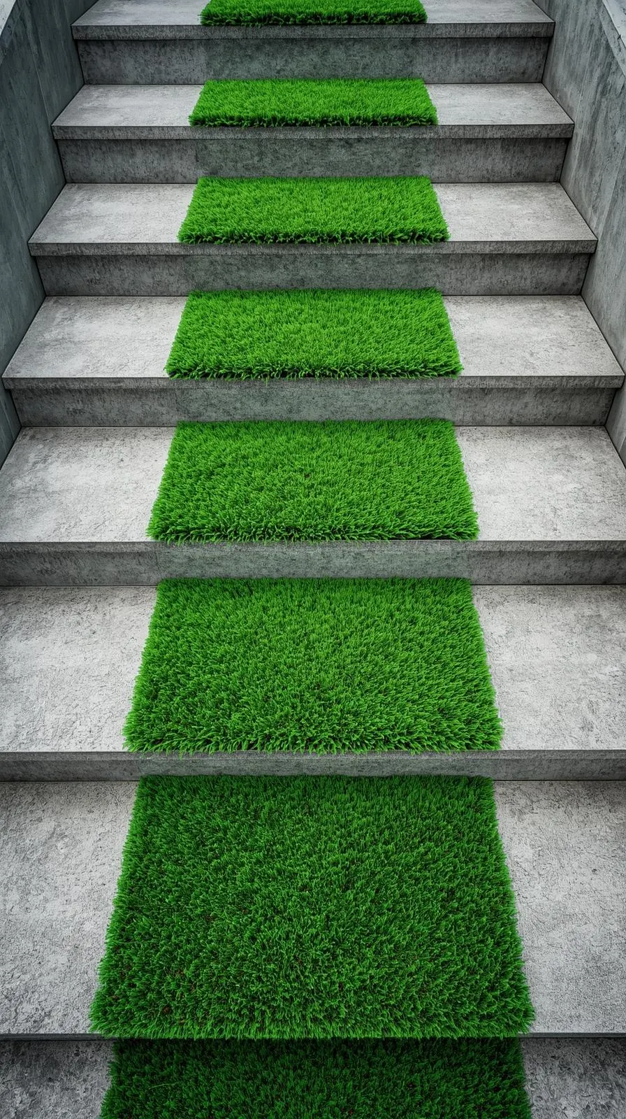 Un escalier en béton moderne avec des bandes de gazon synthétique vert vif posées au centre de chaque marche, créant un chemin de verdure.