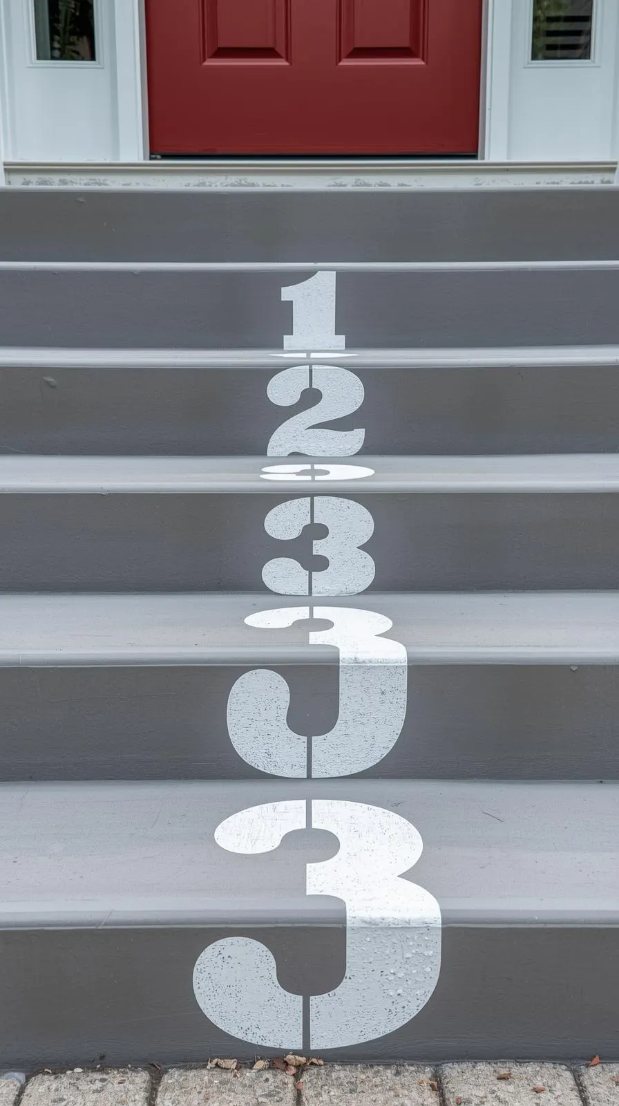 Marches d'escalier grises avec les numéros 1, 2, 3, etc., peints en blanc à l'aide d'un pochoir sur les contremarches.