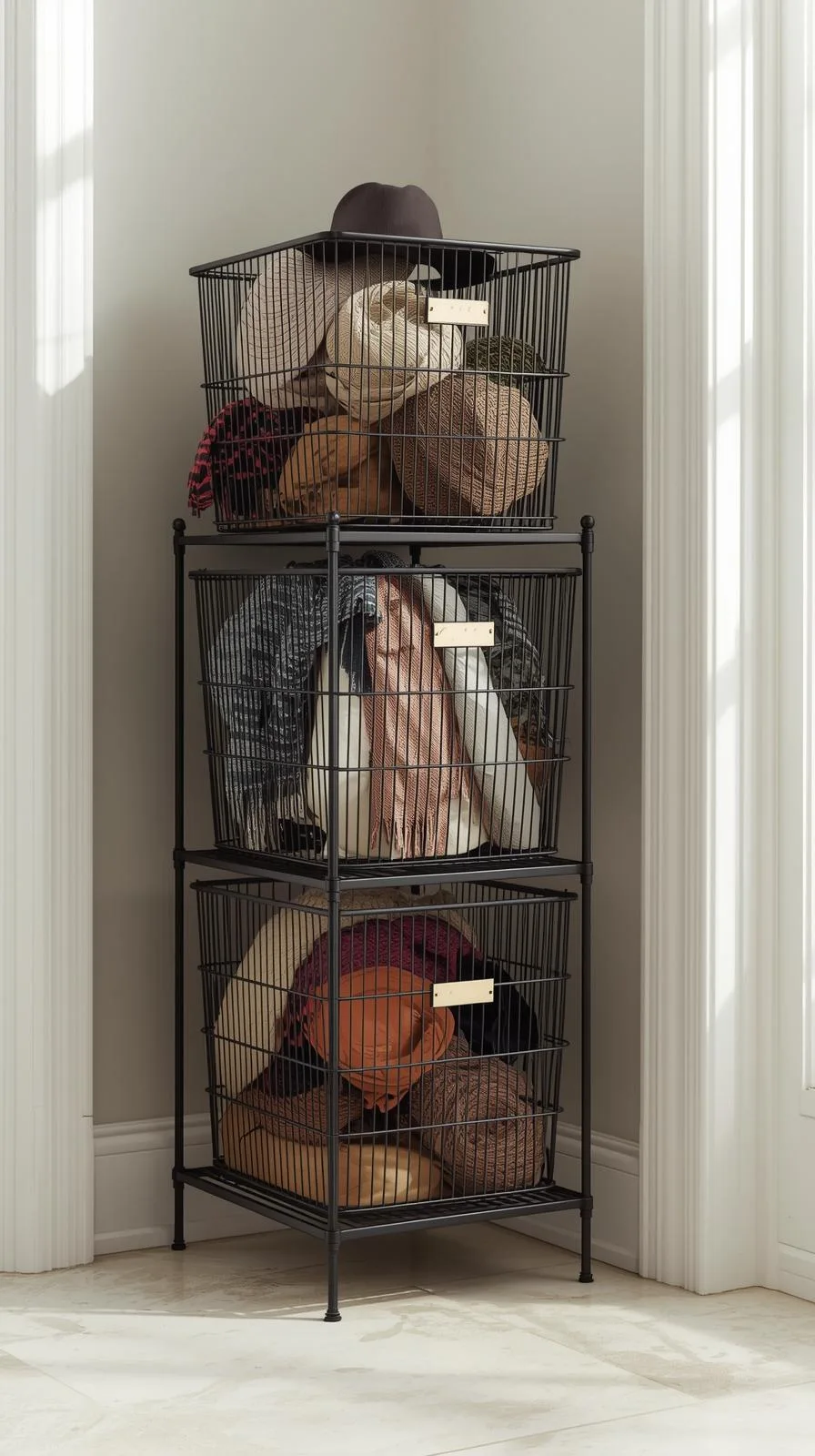 Une structure en métal noir avec trois paniers en fil empilés verticalement, remplis de chapeaux, écharpes et bonnets dans un coin d'entrée.