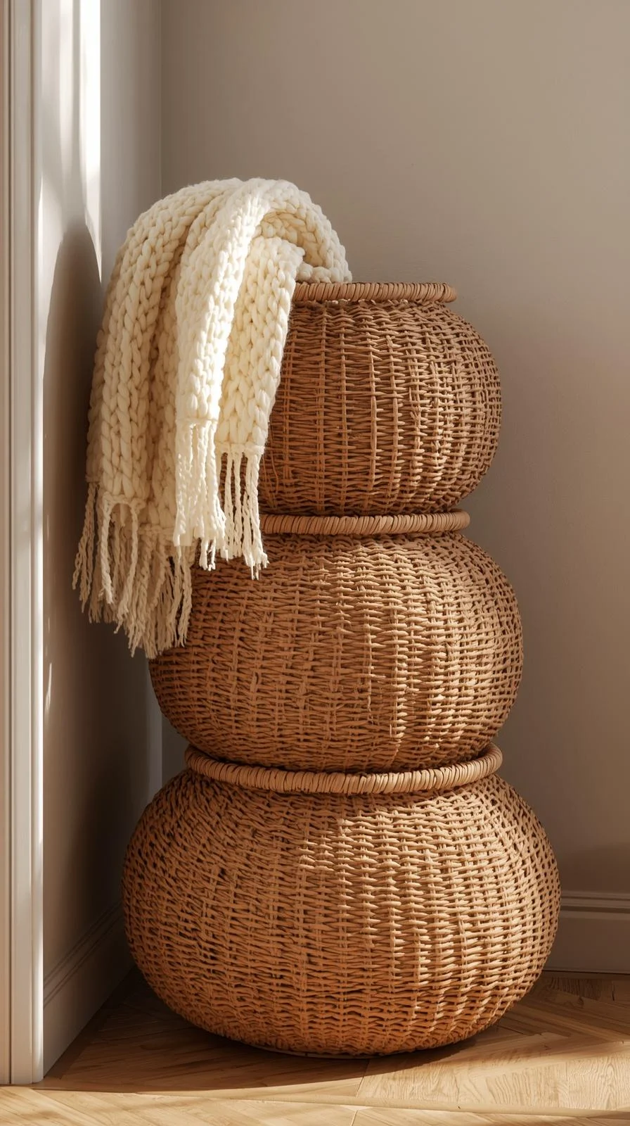 Trois grands paniers en rotin ronds empilés dans un coin, avec un plaid en tricot, pour un rangement naturel dans un decor entree de maison.