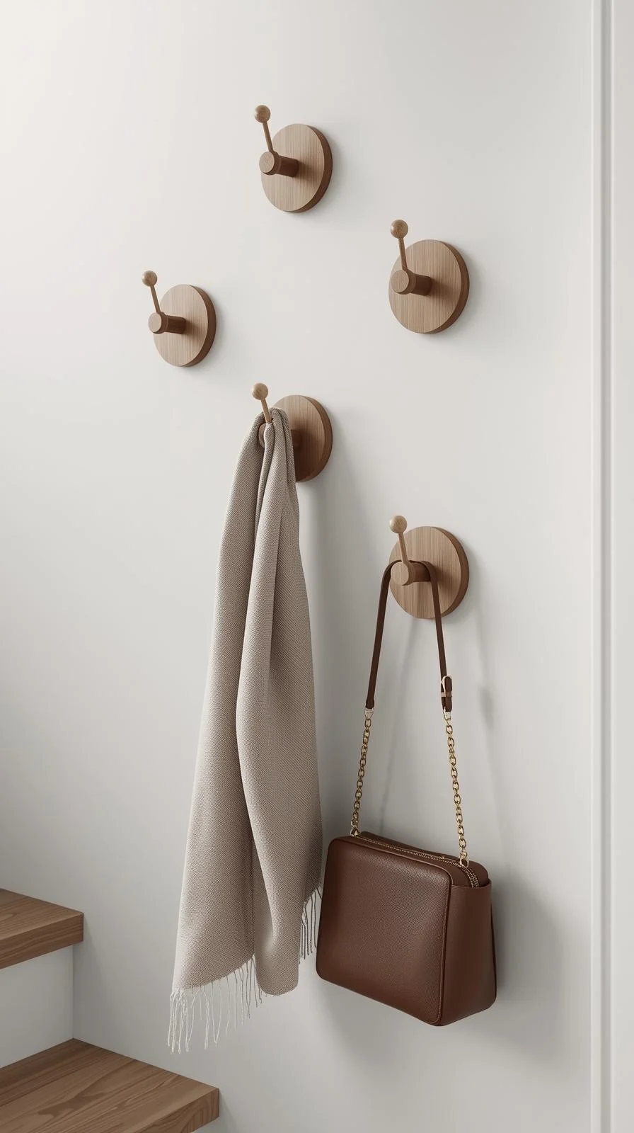 Des patères murales modernes en bois de forme ronde, fixées à différentes hauteurs sur un mur blanc, avec un sac et une écharpe accrochés.