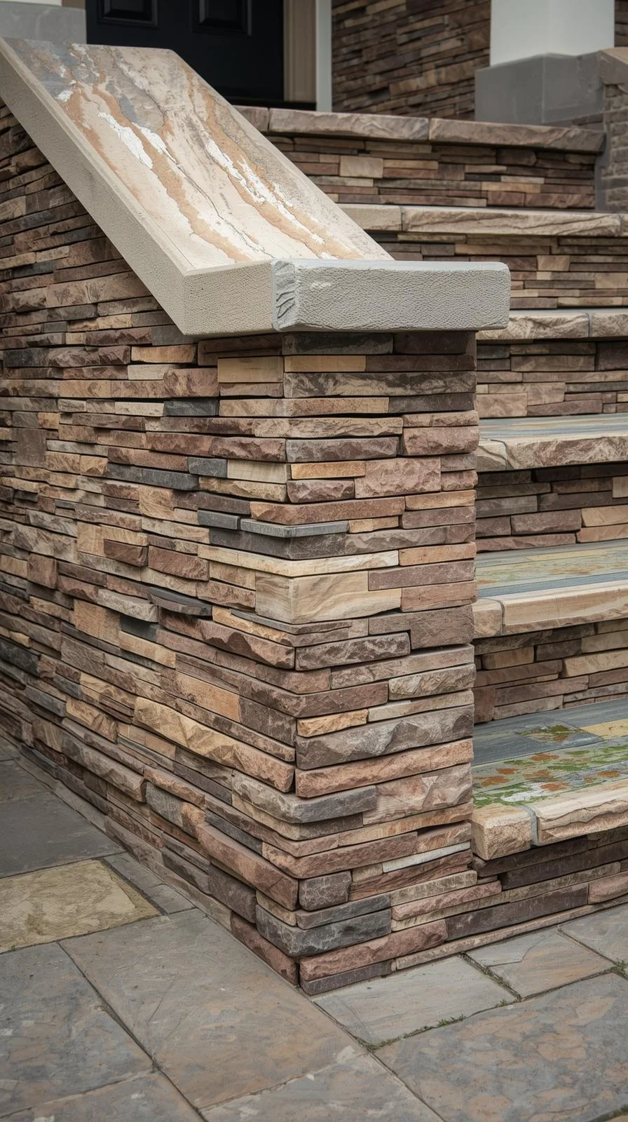 Mur latéral d'un escalier extérieur recouvert de plaquettes de parement en pierre naturelle de différentes tailles, dans des tons beiges, marron et gris.