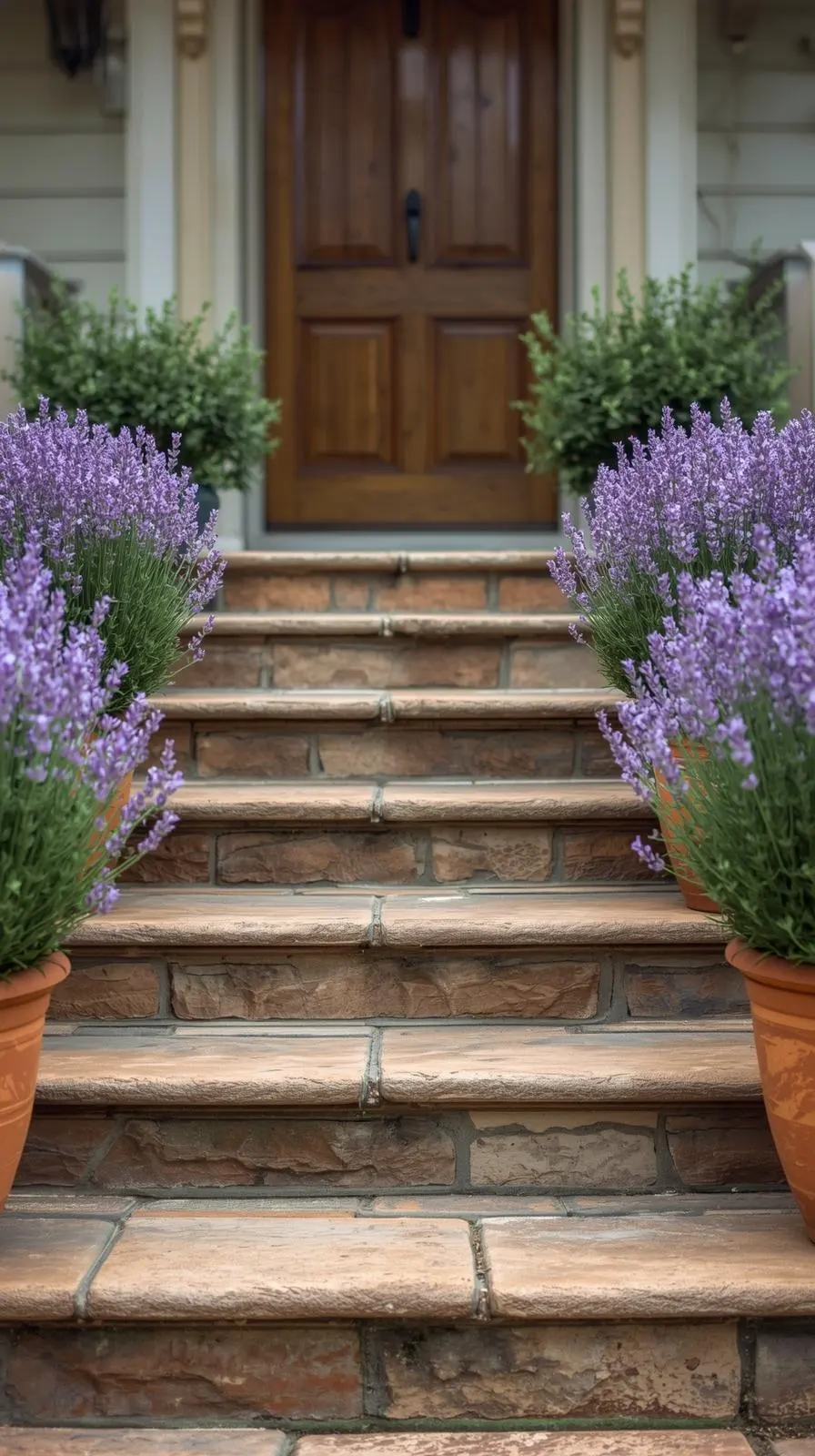 Marches d'entrée en brique terre cuite bordées de grands pots en terre cuite remplis de lavande en fleur, menant à une porte en bois.