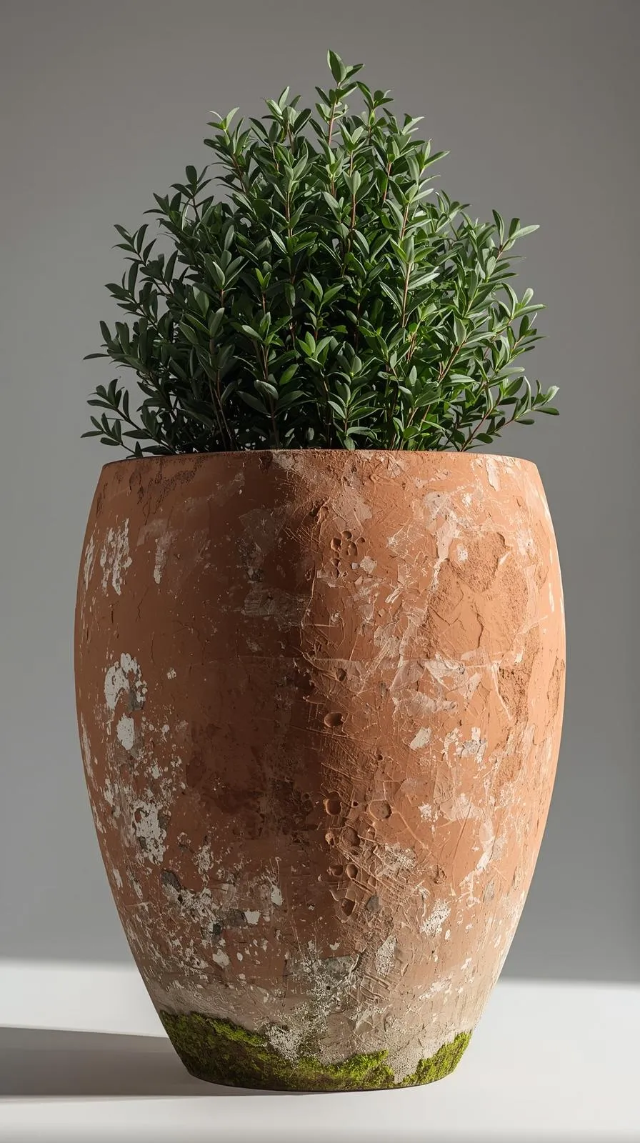 Un grand pot de fleurs XXL en terre cuite à l'aspect vieilli, contenant un arbuste vert touffu (type buis ou laurier).