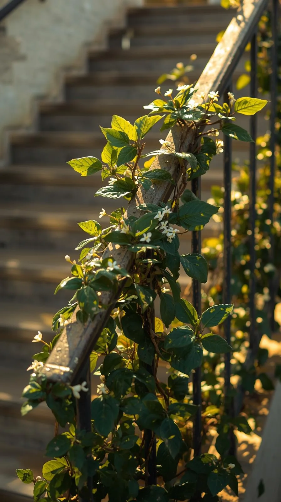 Gros plan sur une plante grimpante à petites fleurs blanches, type jasmin étoilé, enroulée autour d'une rambarde d'escalier en métal.