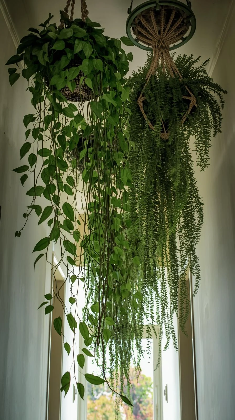 Deux grandes plantes suspendues, un pothos et une fougère, accrochées au plafond d'un couloir, avec leurs feuilles tombant en cascade.