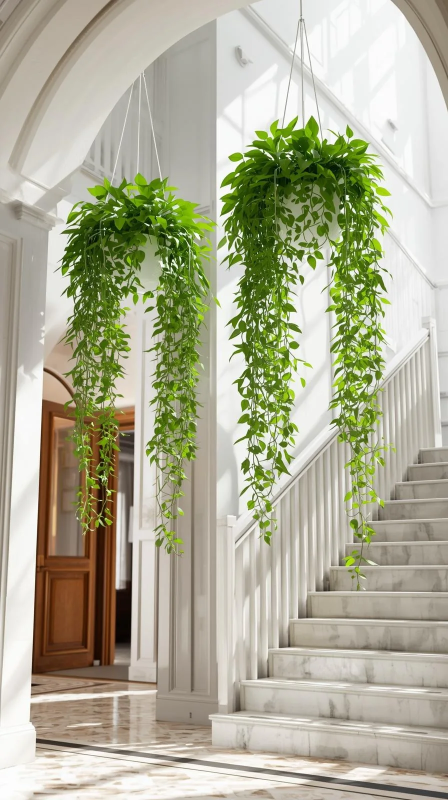 Deux grandes plantes vertes aux feuilles tombantes, suspendues au plafond d'une entrée majestueuse près d'un escalier en marbre.