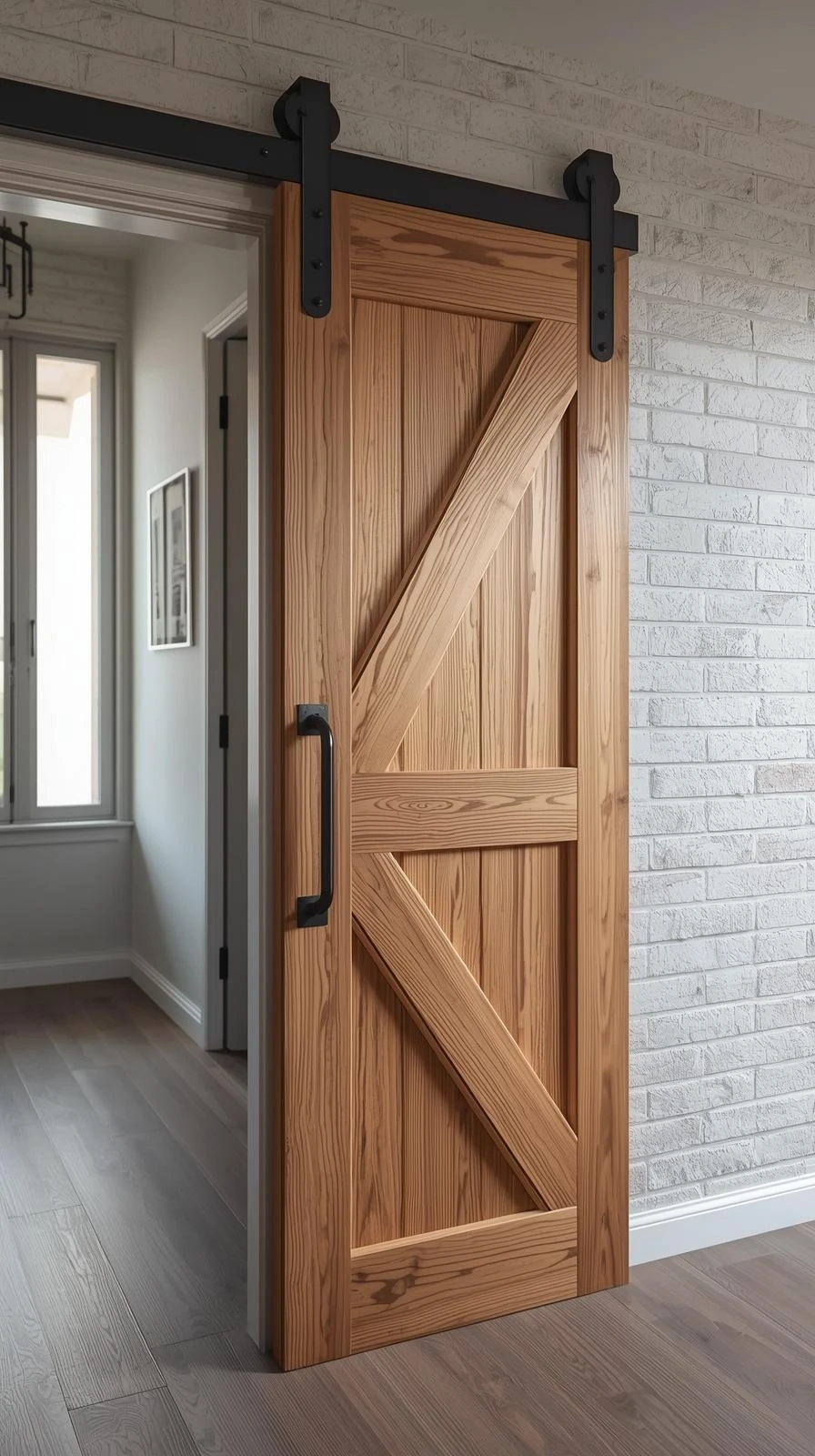 Une porte coulissante en bois style grange (barn door) sur un rail noir, glissant le long d'un mur en briques blanches et libérant l'espace du couloir.