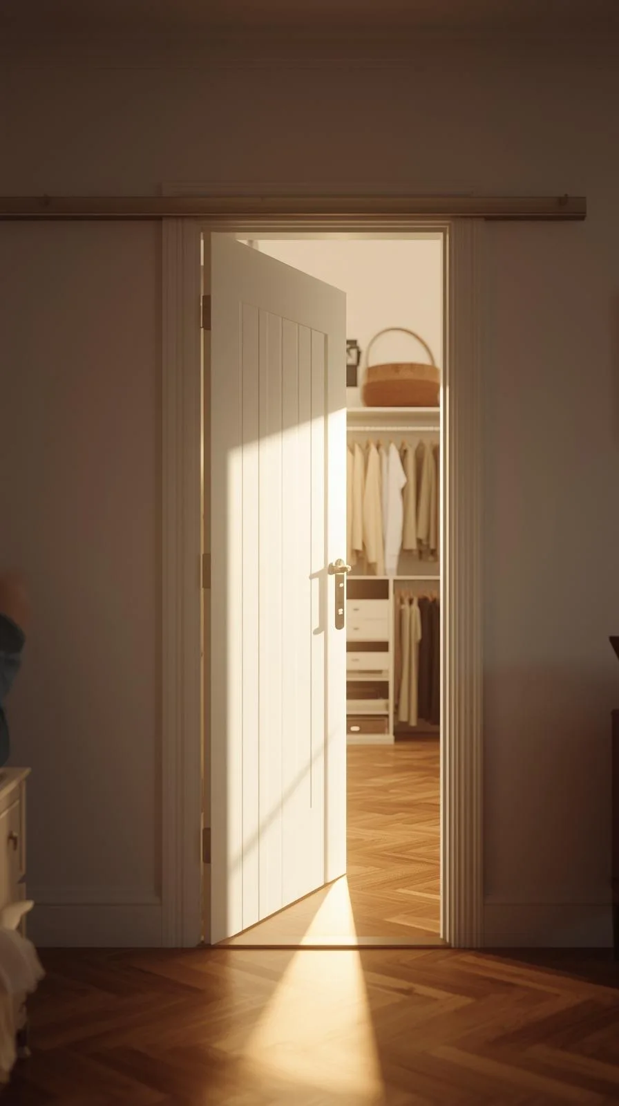 Une porte de placard blanche sur un rail coulissant (style porte de grange), ouverte sur un dressing bien rangé.