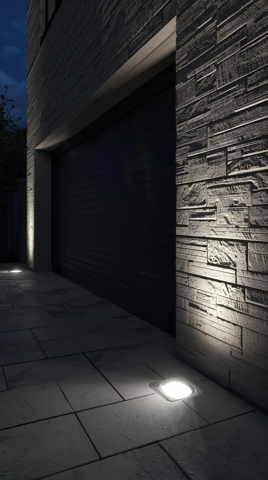 Des spots LED encastrés dans le sol qui éclairent de bas en haut un mur en parement de pierre à côté d'une porte de garage, la nuit.