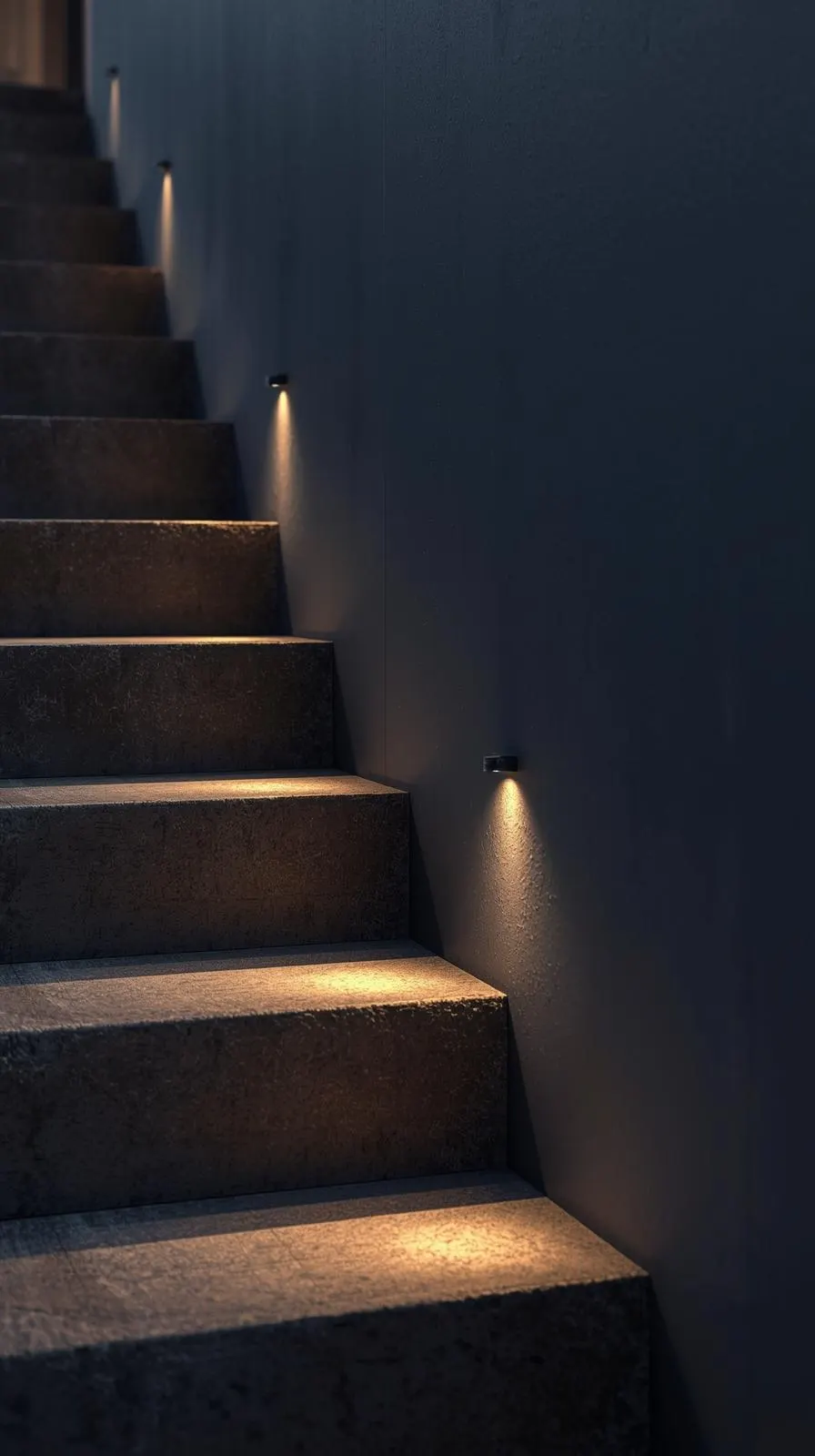 Escalier sombre en béton éclairé par de petits spots LED minimalistes encastrés dans le mur latéral, créant un éclairage rasant et sécurisant.