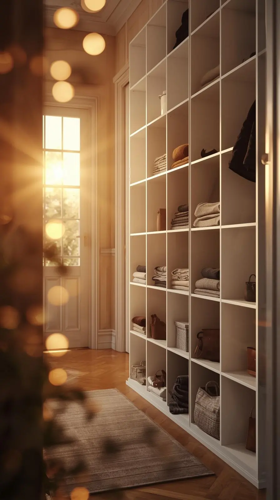 Une grande bibliothèque blanche à multiples cubes (type Kallax) installée dans un couloir d'entrée, remplie de paniers et de linge plié.