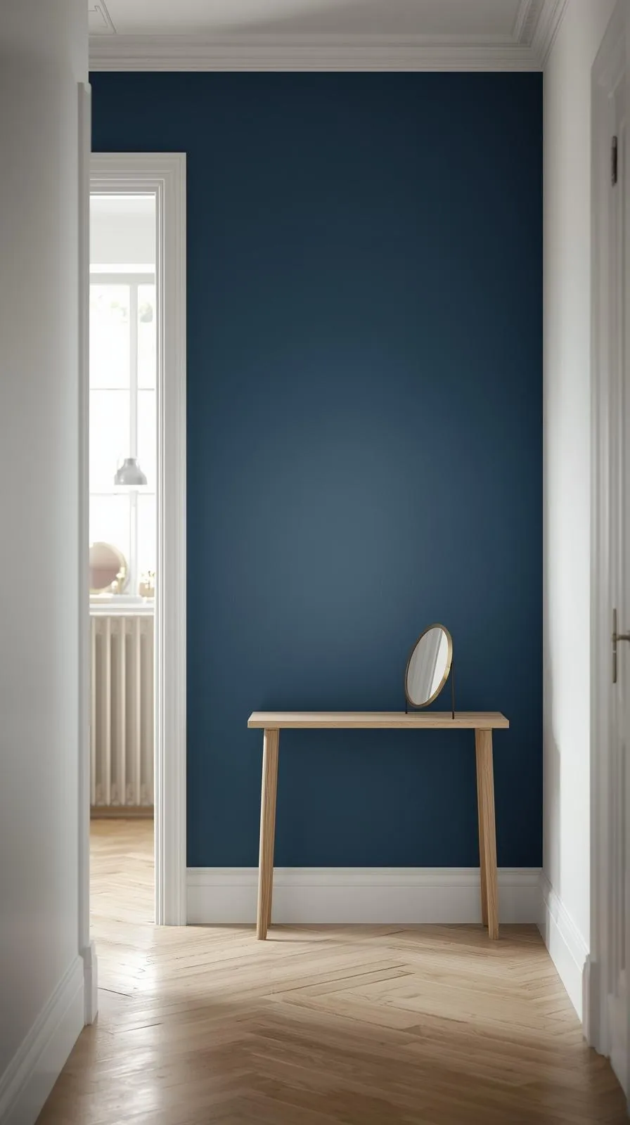 Un mur d'accent bleu profond dans un couloir étroit, avec une console en bois clair, idée tendance pour un decor entree de maison moderne et chic.