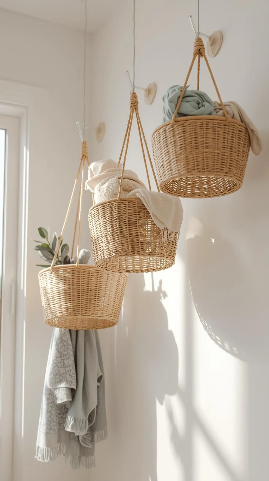 Trois paniers ronds en osier suspendus au plafond à différentes hauteurs, contenant des écharpes et des tissus légers.