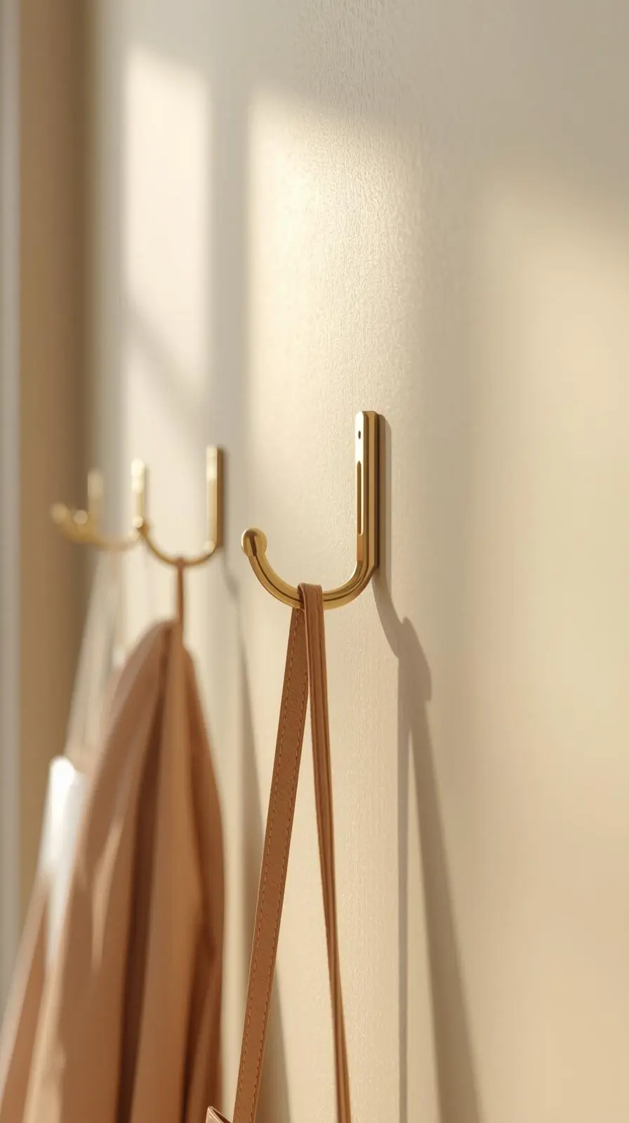 Gros plan sur deux patères murales modernes dorées fixées sur un mur beige, avec un sac et un manteau accrochés.