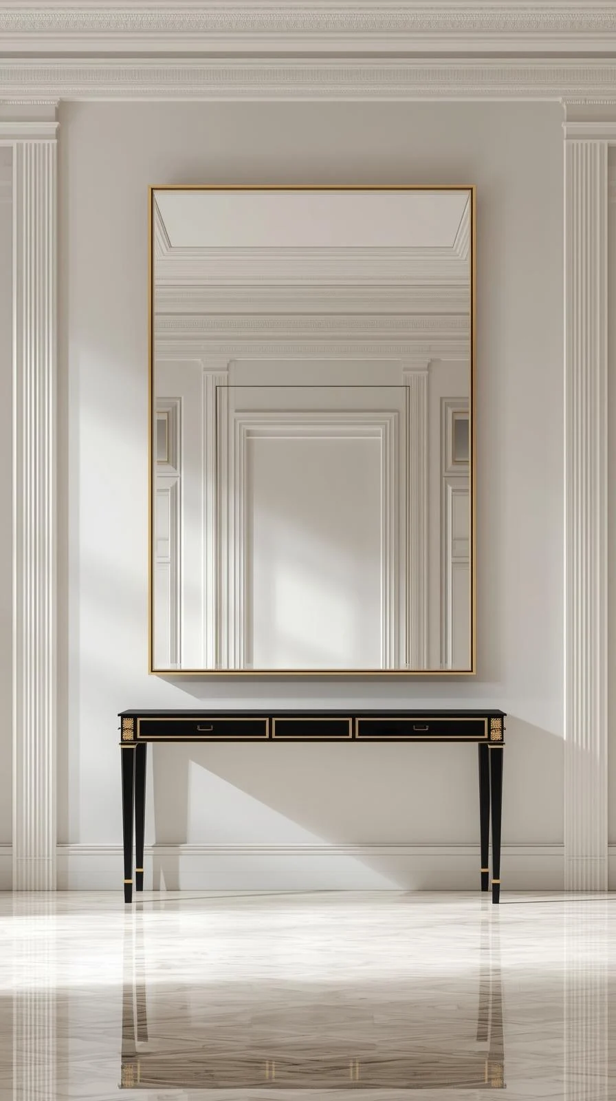 Un grand miroir rectangulaire avec un cadre doré, suspendu au-dessus d'une console noire, dans une grande entrée classique.