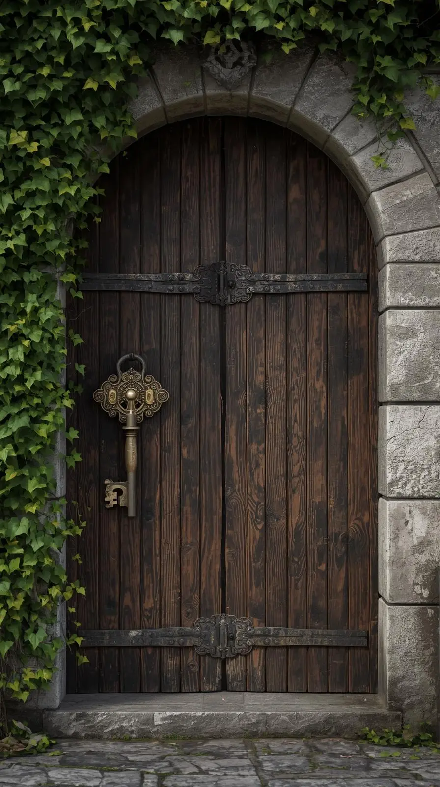 Gros plan sur une serrure ancienne en fer forgé très ornée, avec une grande clé ancienne, sur une porte en bois sculpté.