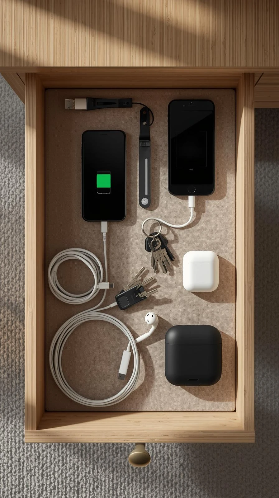 Vue de dessus d'un tiroir de rangement organisé contenant des smartphones (un en charge), des écouteurs, des clés et des câbles.
