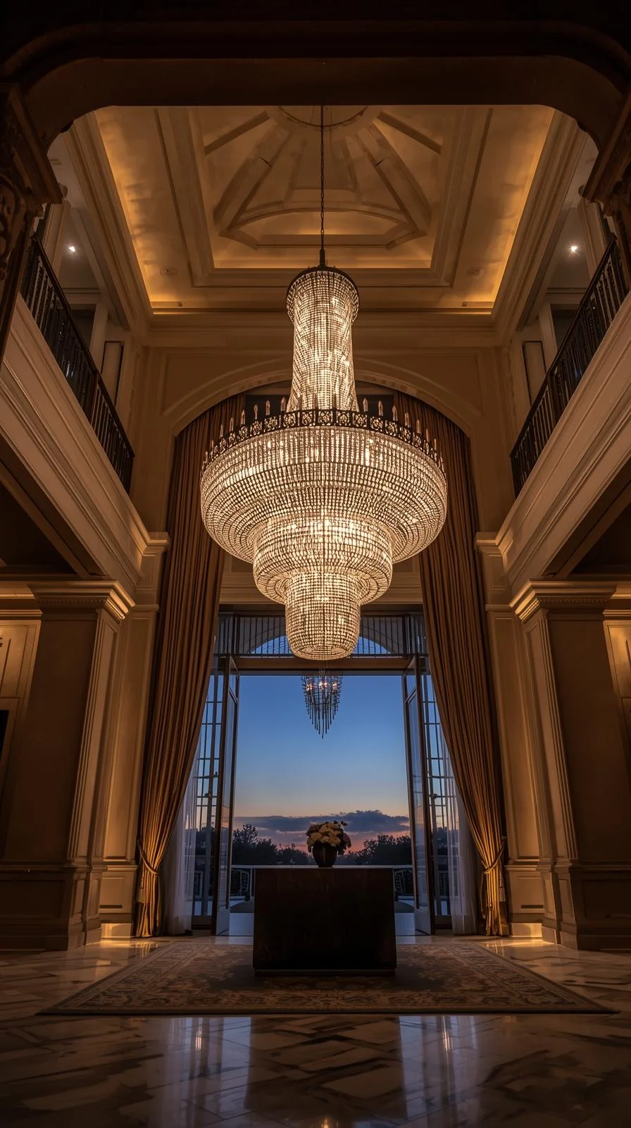 Un lustre en cristal monumental et spectaculaire, allumé et suspendu dans un hall d'entrée à très haut plafond.