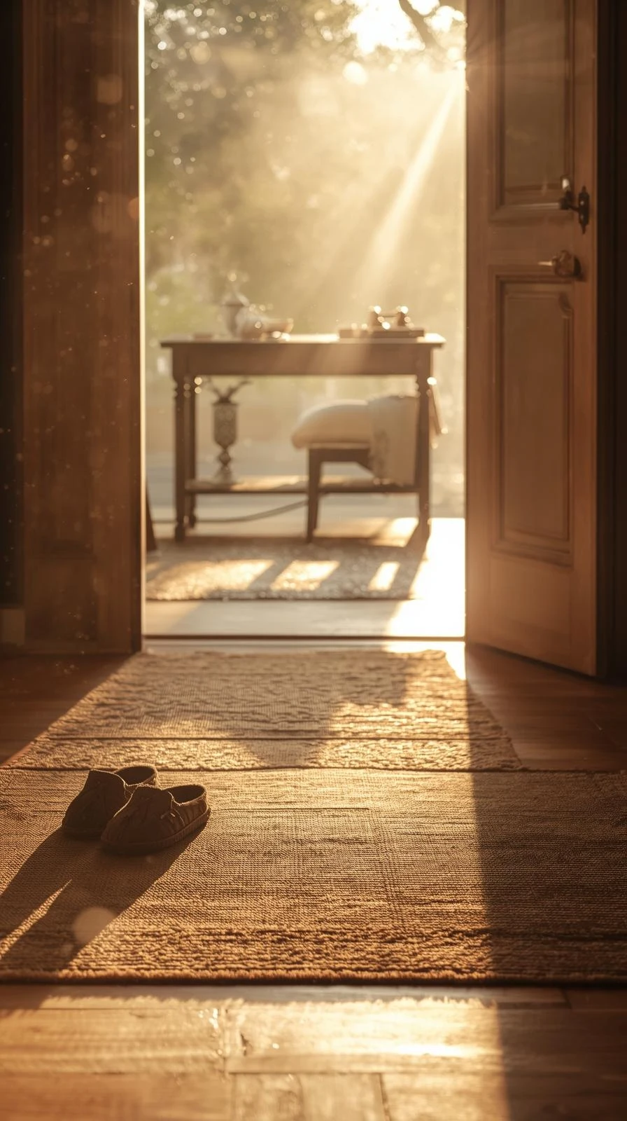 Vue depuis un couloir vers une porte ouverte, montrant une paire de chaussons marron sur un grand tapis d'entrée en jute.