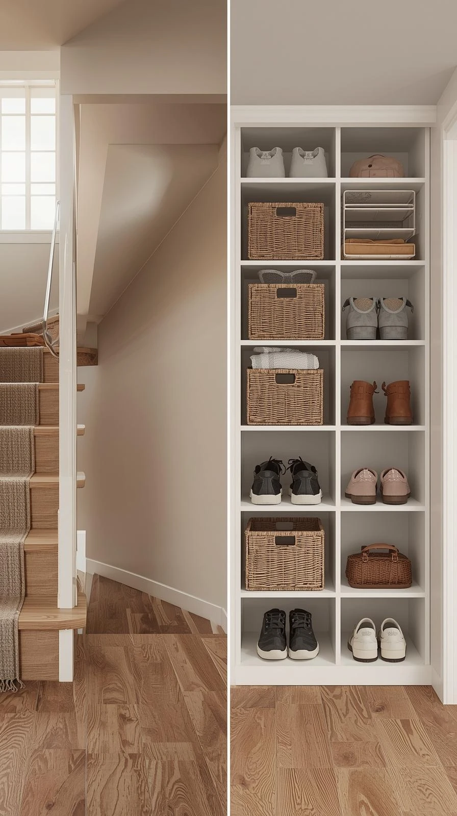 Une image en deux parties montrant un escalier et un meuble de rangement blanc à casiers optimisé pour cet espace, avec chaussures et paniers.