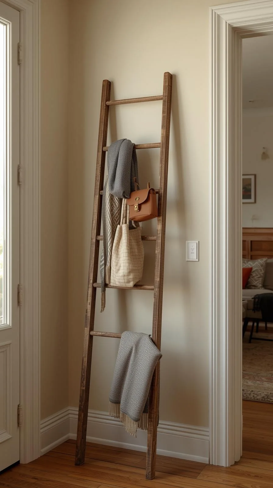 Une vieille échelle décorative en bois rustique appuyée contre un mur, utilisée pour suspendre des écharpes et des sacs.