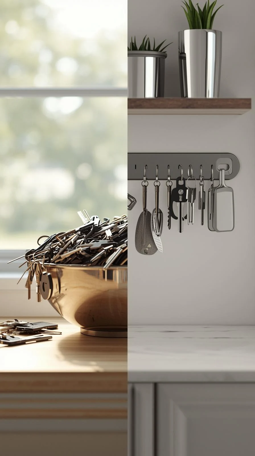 Comparaison avant/après : à gauche, un bol débordant de clés ; à droite, des clés soigneusement accrochées à une barre magnétique murale.