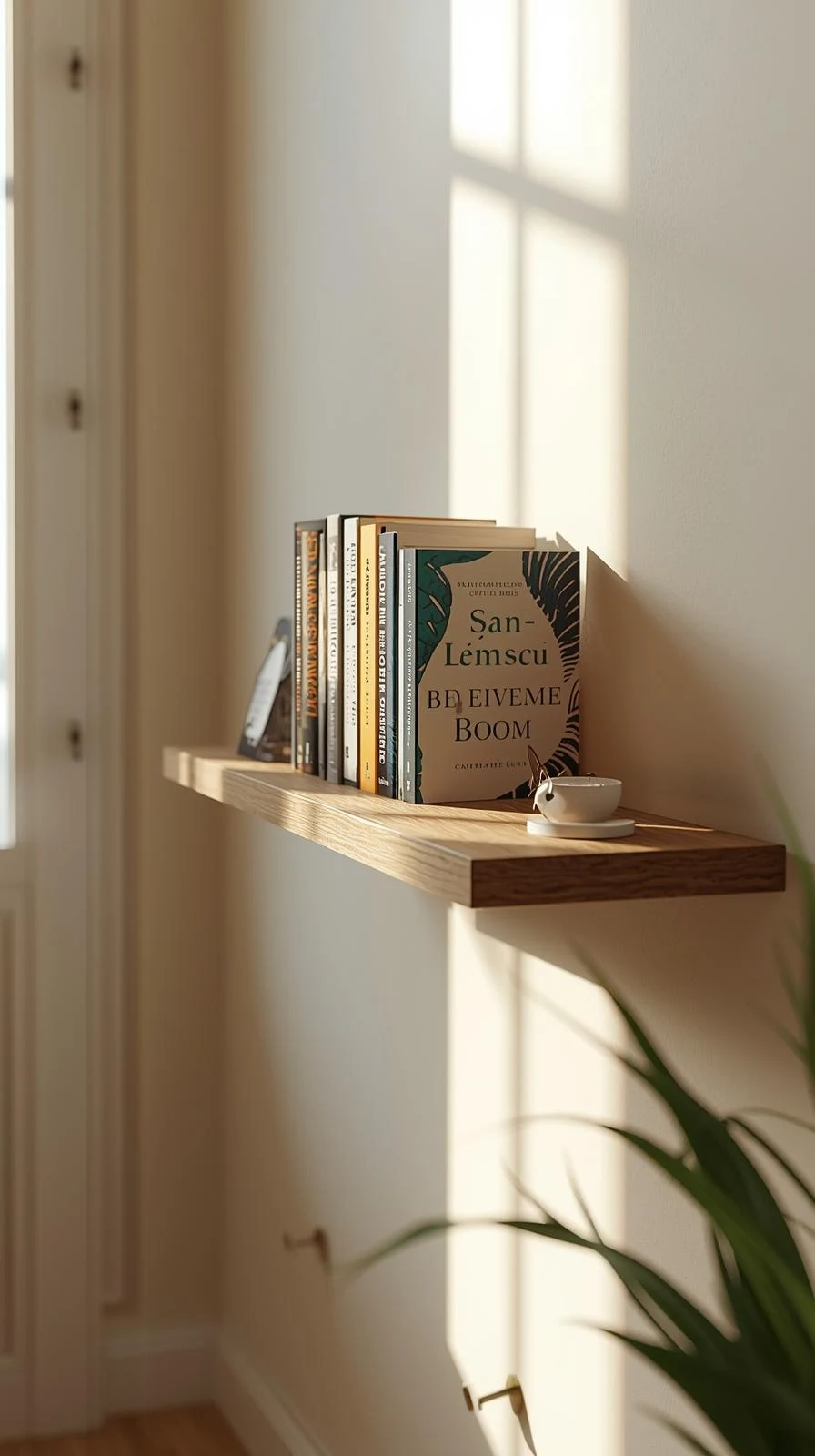Une étagère flottante murale en bois clair sur laquelle sont posés plusieurs livres et une petite tasse.
