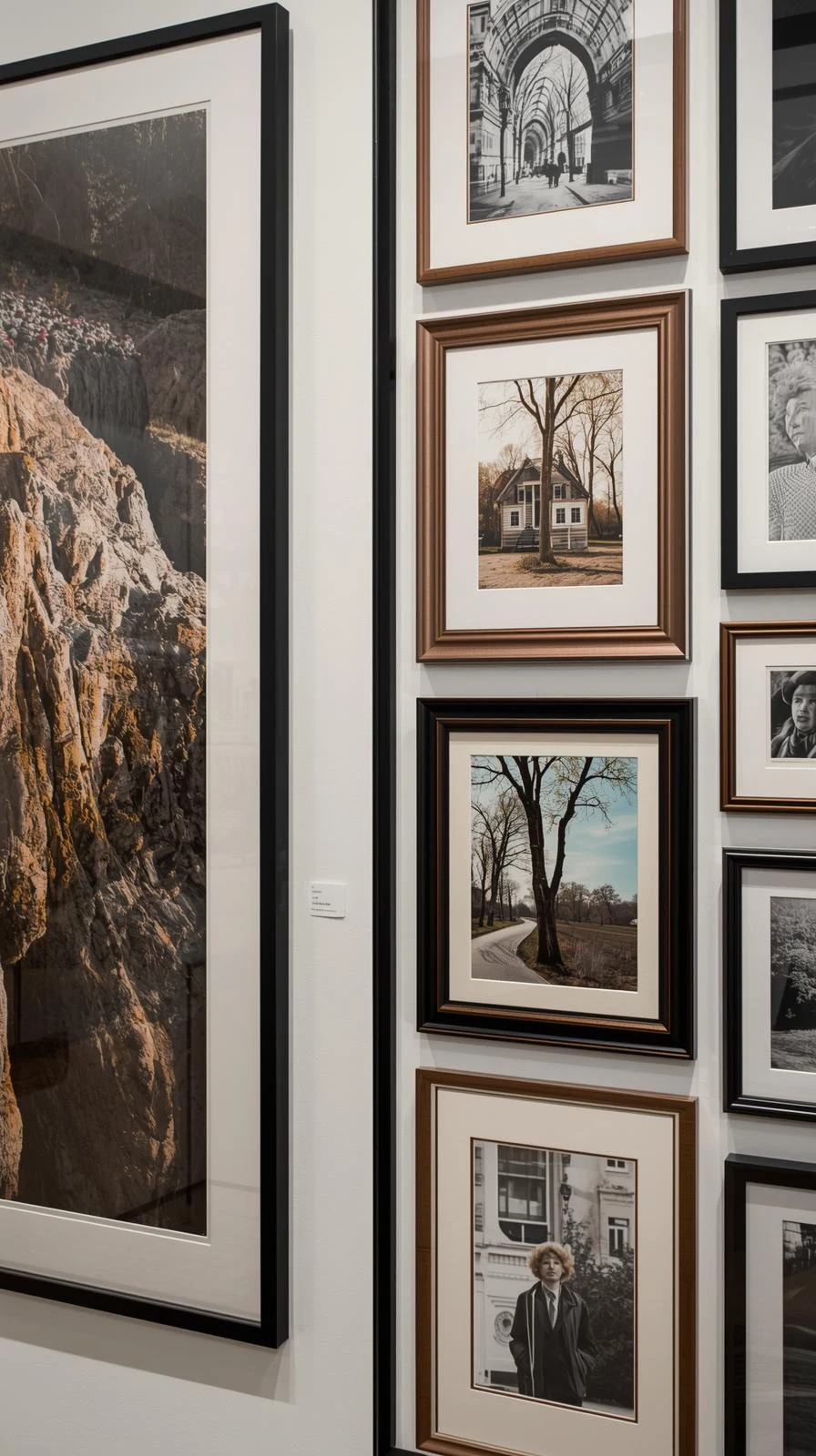 Gros plan sur un mur de galerie montrant un mélange dynamique de grands cadres verticaux, moyens et petits.