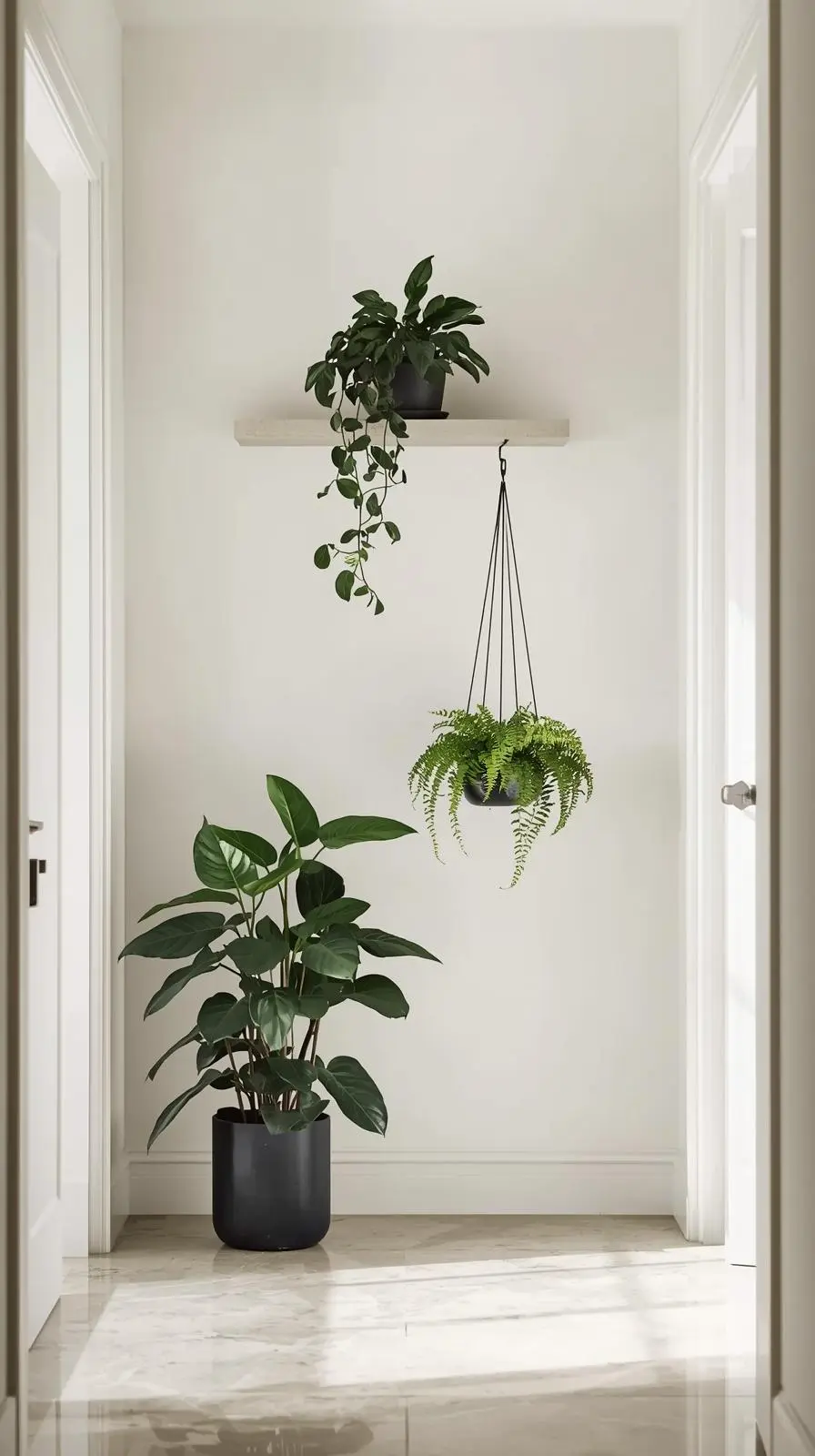 Un couloir d'entrée blanc montrant une variation de hauteur de plantes : une grande plante au sol, une plante suspendue, et une plante sur une étagère.