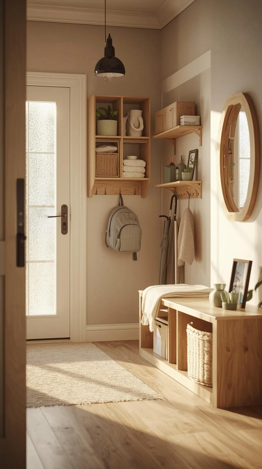 Une entrée de maison bien organisée avec un banc en bois, des étagères murales avec paniers, des patères et un miroir ovale.