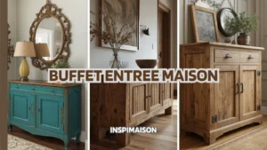 Collage de trois styles de buffets d'entrée maison : un buffet vintage bleu, un buffet en bois brut massif, et un buffet rustique en pin.
