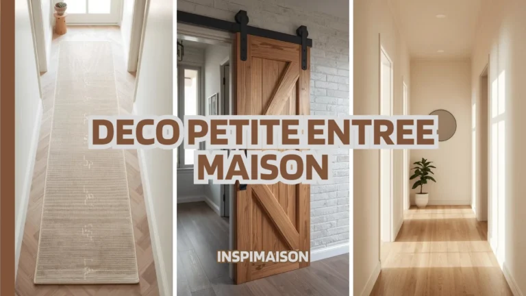 Un collage de trois photos montrant des idées de décoration pour une petite entrée de maison : un tapis runner dans un couloir, une porte coulissante en bois et un couloir lumineux peint en blanc. Le texte "DECO PETITE ENTREE MAISON" est superposé.